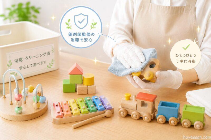おもちゃを1つ1つ除菌作業をしている画像